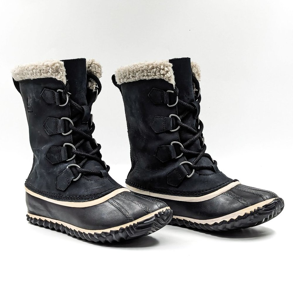 Sorel Women Caribou Slim Black Leather Rubber Insulated Winter Boots size 8